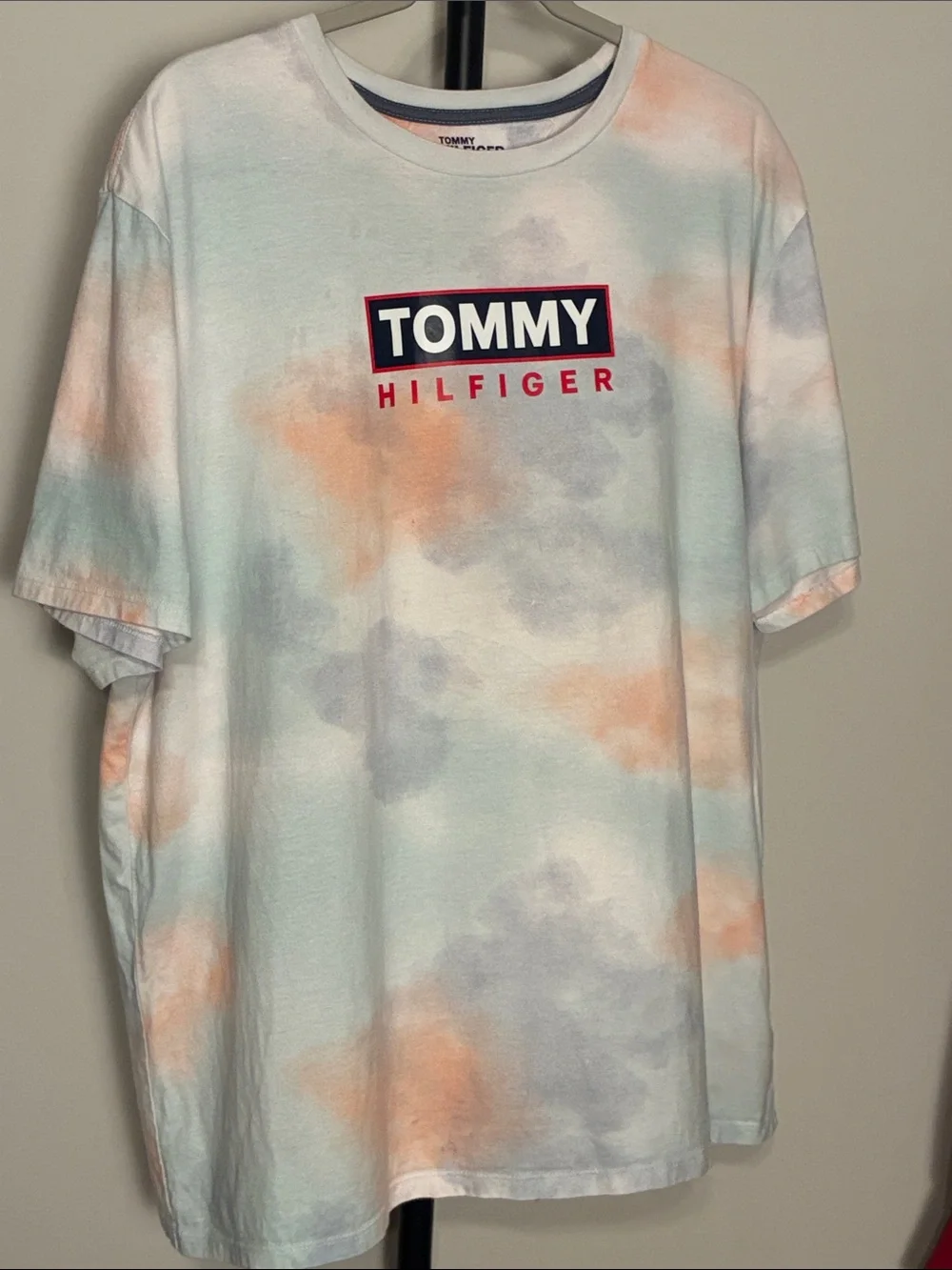 Tommy Hilfiger Pastel Tie-Dye Logo Tee - Light Blue, Peach & Light Gray XL
